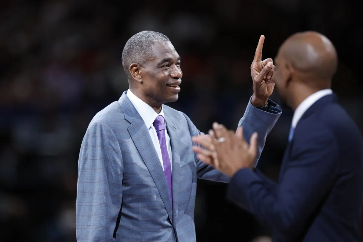 Dikembe Mutombo gestures as he is introduced after the first quarter at Saitama Super Arena, in Saitama, Japan, on Oct 2, 2022. (Yukihito Taguchi/USA TODAY Sports via Reuters)