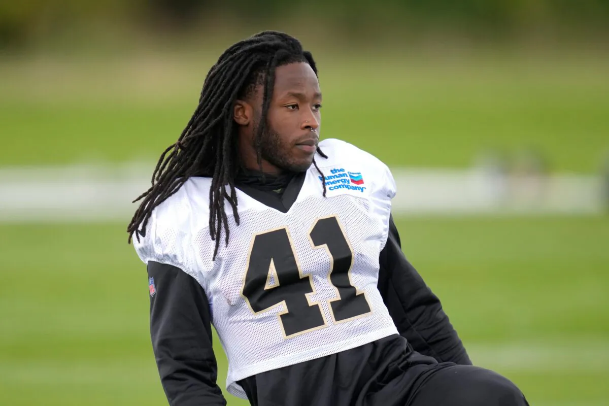 New Orleans Saints running back Alvin Kamara looks on during an NFL practice session at the London Irish rugby team training ground in Sunbury-on-Thames near London on Sept. 28, 2022. (Kirsty Wigglesworth/AP Photo)