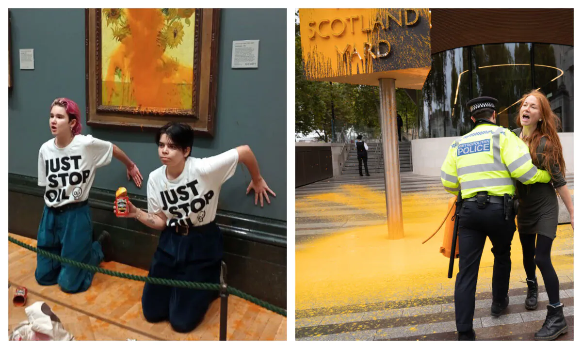 (L) Two protesters who have thrown tinned soup at Vincent Van Gogh's famous 1888 work Sunflowers at the National Gallery in London on Oct. 14, 2022. (Just Stop Oil/PA Media) R: A Just Stop Oil protester is led away by police after spray painting a sign outside New Scotland Yard in London on Oct. 14, 2022. (Stefan Rousseau/PA Media)