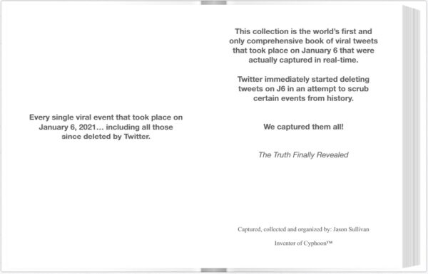 Screenshot of Flip Book, created by Jason Sullivan, showing a collection of messages posted on Twitter in real time, which were systematically deleted by Twitter to censor information that did not suit the government narrative that the protesters that went to the Capitol Building on January 6, 2021 were "violent insurrectionists" who wanted to overthrow the government by the direction of President Donald Trump. 