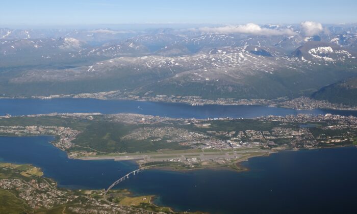 The city of Tromso, its surroundings and the airport as seen from the window of a passenger plane on August 2, 2020 in Tromso, Norway.  (Sean Gallup/Getty Images)