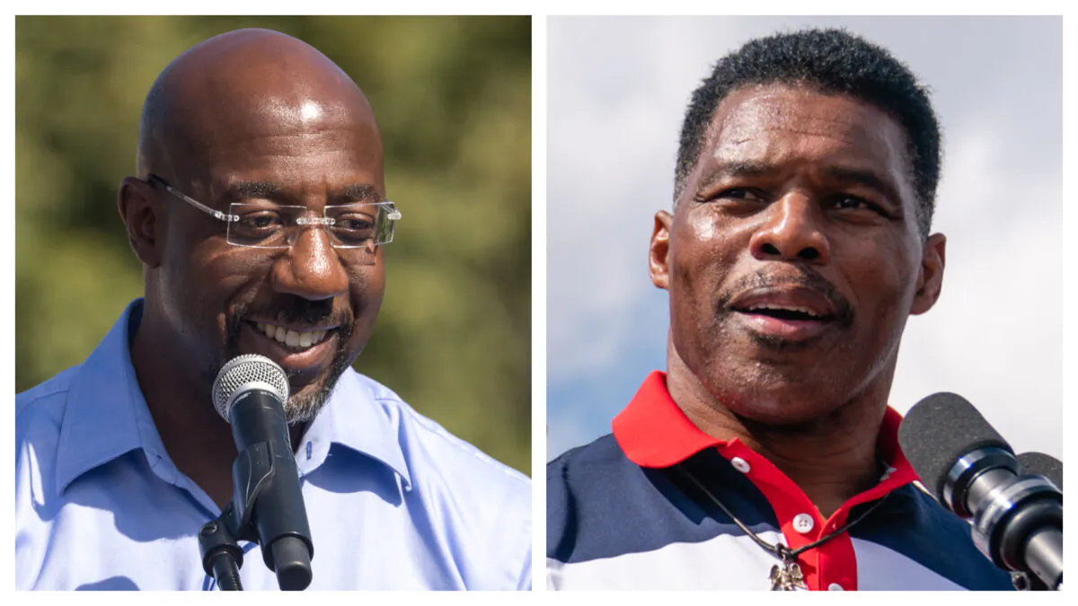 L: Sen. Raphael Warnock (D-Ga.) in Columbus, Ga., on Oct. 8, 2022. (Megan Varner/Getty Images); R: Georgia Republican Senatorial candidate Herschel Walker in Carrollton, Ga., on Oct. 11, 2022. (Elijah Nouvelage/Getty Images)