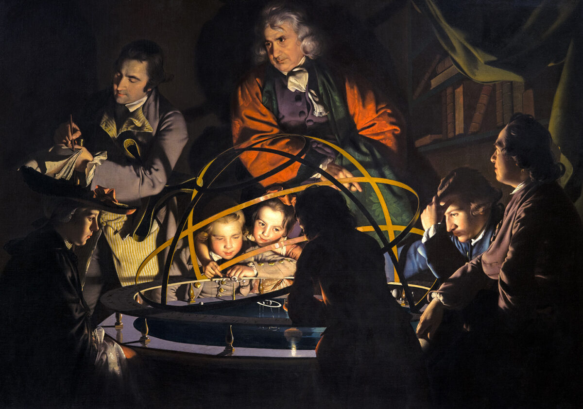 “A Philosopher Giving that Lecture on the Orrery, in Which a Lamp Is Put in the Place of the Sun,” circa 1766, by Joseph Wright of Derby. Oil on canvas. Derby Museum and Art Gallery, Derby, England. (Public Domain)