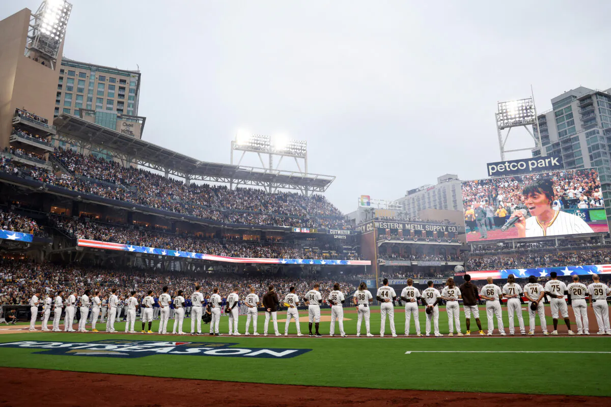 A general view during the national anthem prior to game three of the National League Division Series between the Los Angeles Dodgers and San Diego Padres at PETCO Park in San Diego, on Oct. 14, 2022. (Harry How/Getty Images)