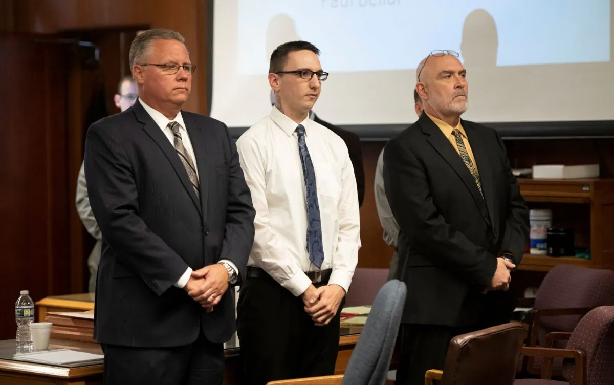 Paul Bellar (C) appears before Jackson County Circuit Court Judge Thomas Wilson for trial in Jackson, Mich., on Oct. 5, 2022. (J. Scott Park/Jackson Citizen Patriot via AP/Pool)