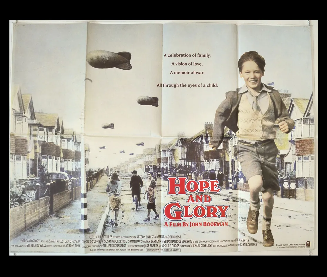 Because they see little or no killing and maiming, kids tend to see war as nothing more than drama as presented in this ad for "Hope and Glory." (Columbia Pictures)