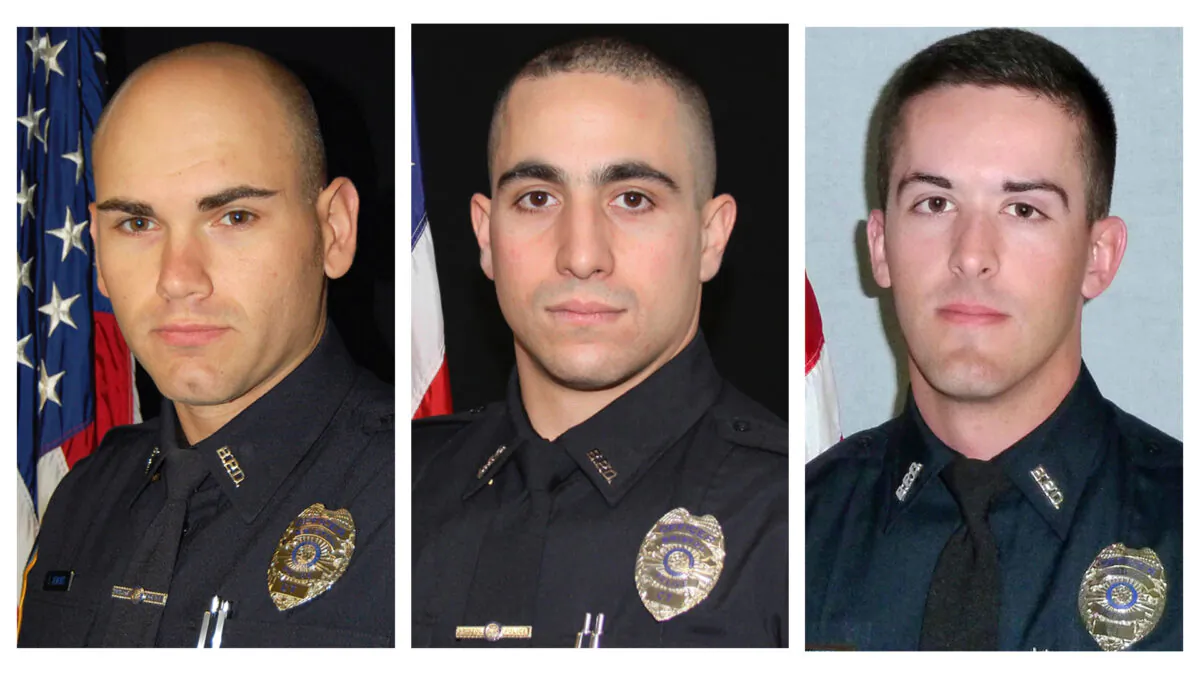 This combo of images provided by the Connecticut State Police, show (L–R) Bristol, Conn., Police Department Sgt. Dustin Demonte, Officer Alex Hamzy, and Officer Alec Iurato. (Connecticut State Police via AP)