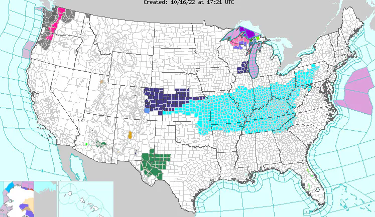 National Weather Service alerts, watches, and warnings as of Sunday, Oct. 16, 2022. (Weather.gov)