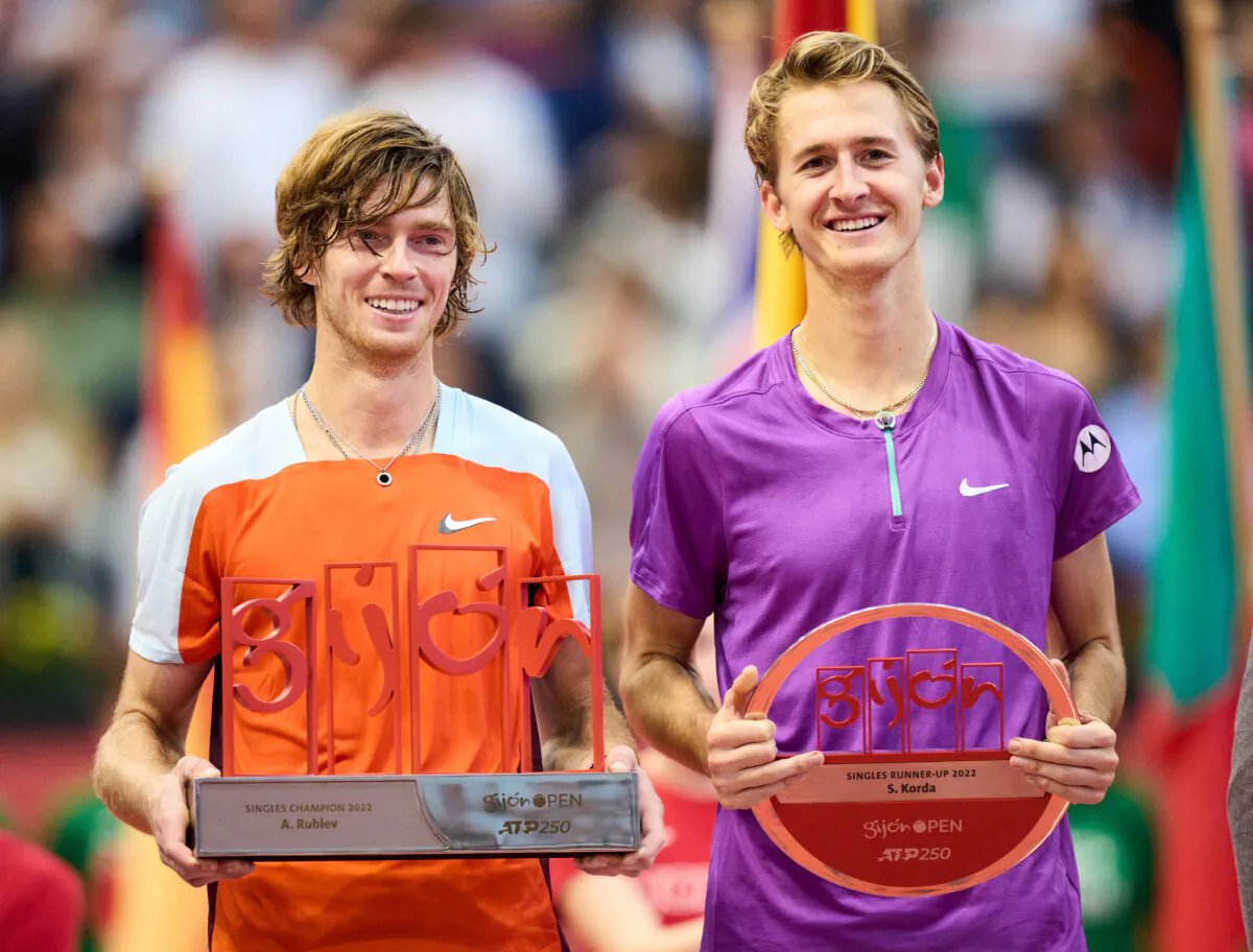 Andrey Rublev of Russia holds the trophy following his victory against Sebastian Korda of USA during their Men's Singles Final match on day seven of the Gijon Open ATP 250 at Palacio de Deportes La Guia in Gijon, Spain, on Oct. 16, 2022. (Juan Manuel Serrano Arce/Getty Images)