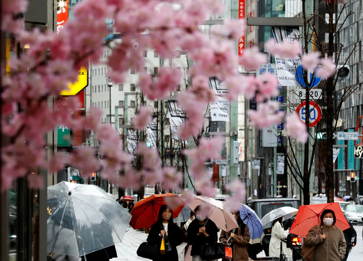 Pedestrians seen behind artificial cherry blossom decorations in a shopping district on the first day after the lifting of COVID-19 restrictions imposed on Tokyo and 17 other prefectures, in Tokyo, Japan, on March 22, 2022. (Kim Kyung-Hoon/Reuters)