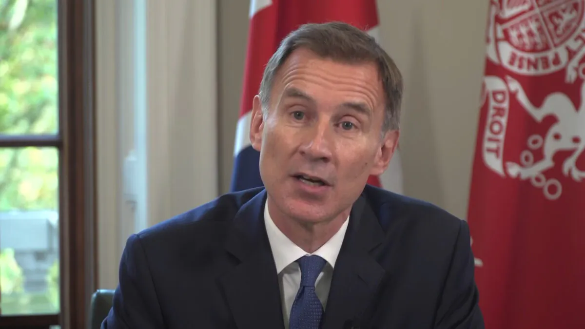 Video grab image of Chancellor Jeremy Hunt making an emergency statement to the nation from the Treasury in London, on Oct. 17, 2022. (Marc Ward/PA Media)