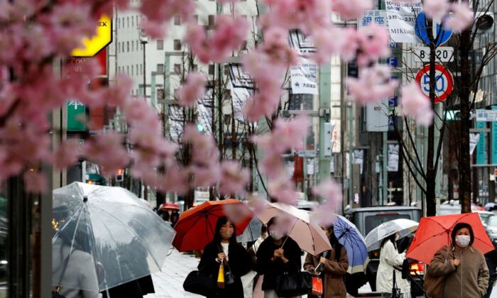 2022 年 3 月 22 日，在日本东京解除对东京和其他 17 个县的 COVID-19 限制后的第一天，行人在购物区的人造樱花装饰后面看到了行人。（Kim Kyung-Hoon/路透社)