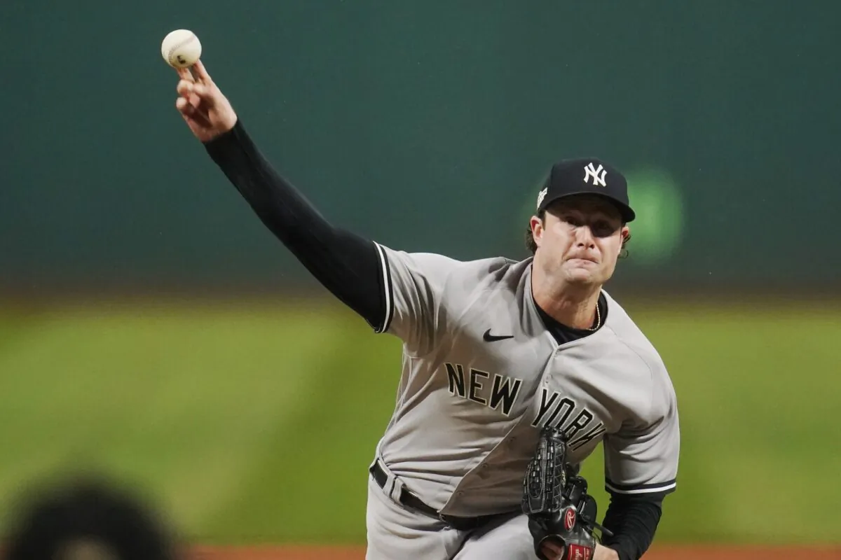 New York Yankees' Gerrit Cole pitches in the first inning of Game 4 of a baseball AL Division Series against the Cleveland Guardians in Cleveland on Oct. 16, 2022. (Sue Ogrocki/AP Photo)

