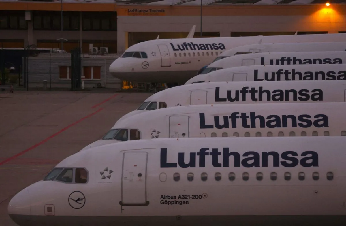 Planes of German air carrier Lufthansa are parked as Lufthansa pilots start a strike over a wage dispute, at the airport in Frankfurt, Germany, on Sept. 2, 2022. (Kai Pfaffenbach/Reuters)
