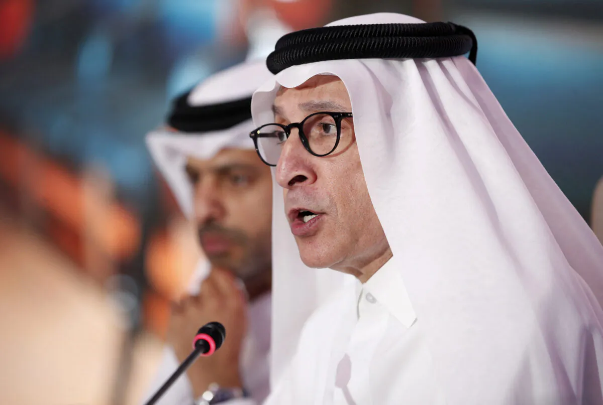 CEO of Qatar Airways, Akbar Al Baker (R), and CEO of the FIFA World Cup Qatar 2022, Nasser Al Khater during the press conference in Park Hyatt, Doha, Qatar, on Oct. 18, 2022. (Hamad I Mohammed/Reuters)