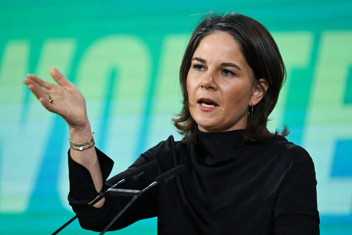 German Foreign Minister Annalena Baerbock delivers a speech during the congress of the Green Party (Buendnis 90/Die Gruenen) in Bonn, western Germany on Oct. 15, 2022. (Ina Fassbender/ AFP via Getty Images)