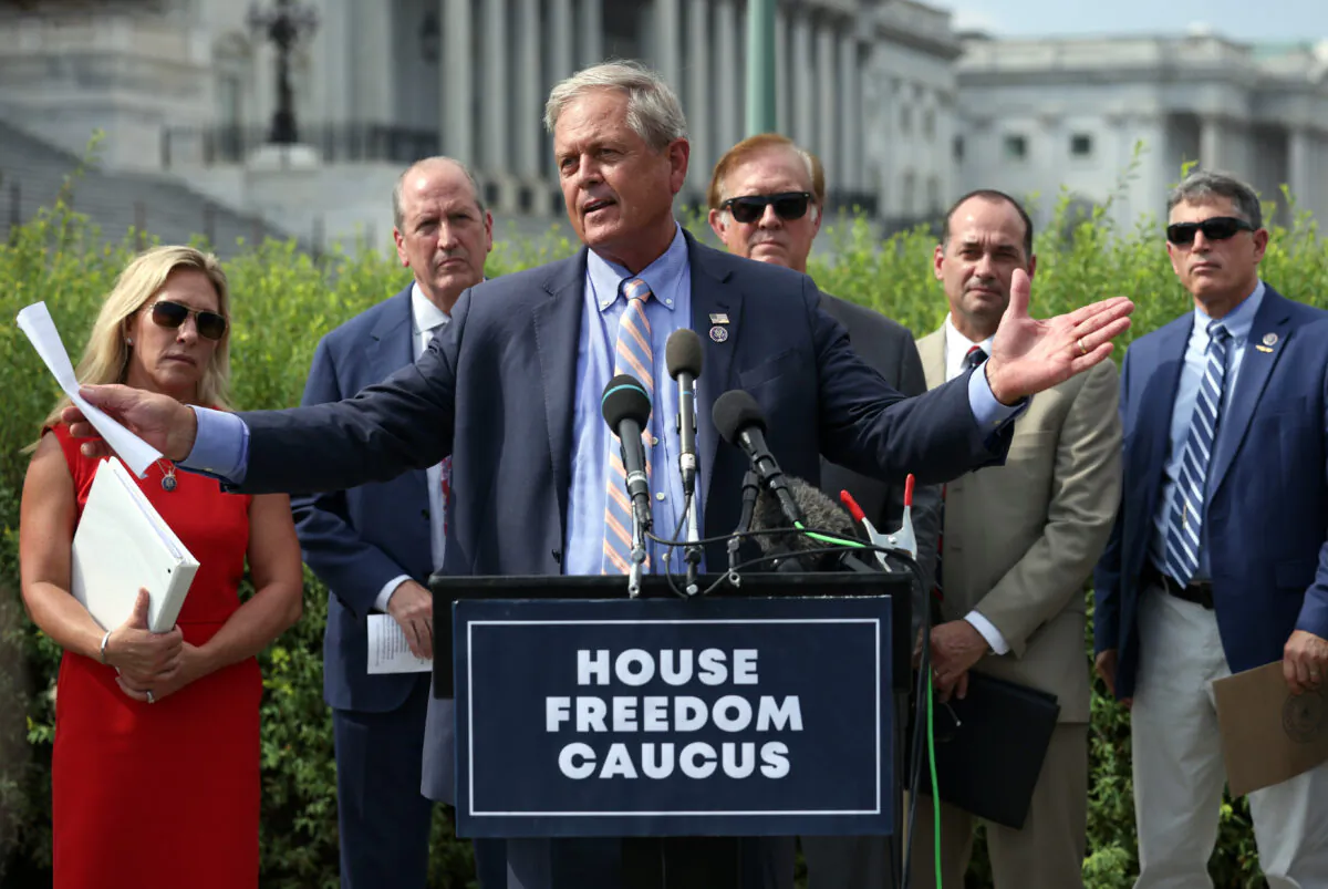 Rep. Ralph Norman (R-S.C.) speaks at a news conference on the infrastructure bill with fellow members of the House Freedom Caucus, outside the Capitol building in Washington on Aug. 23, 2021. (Kevin Dietsch/Getty Images)