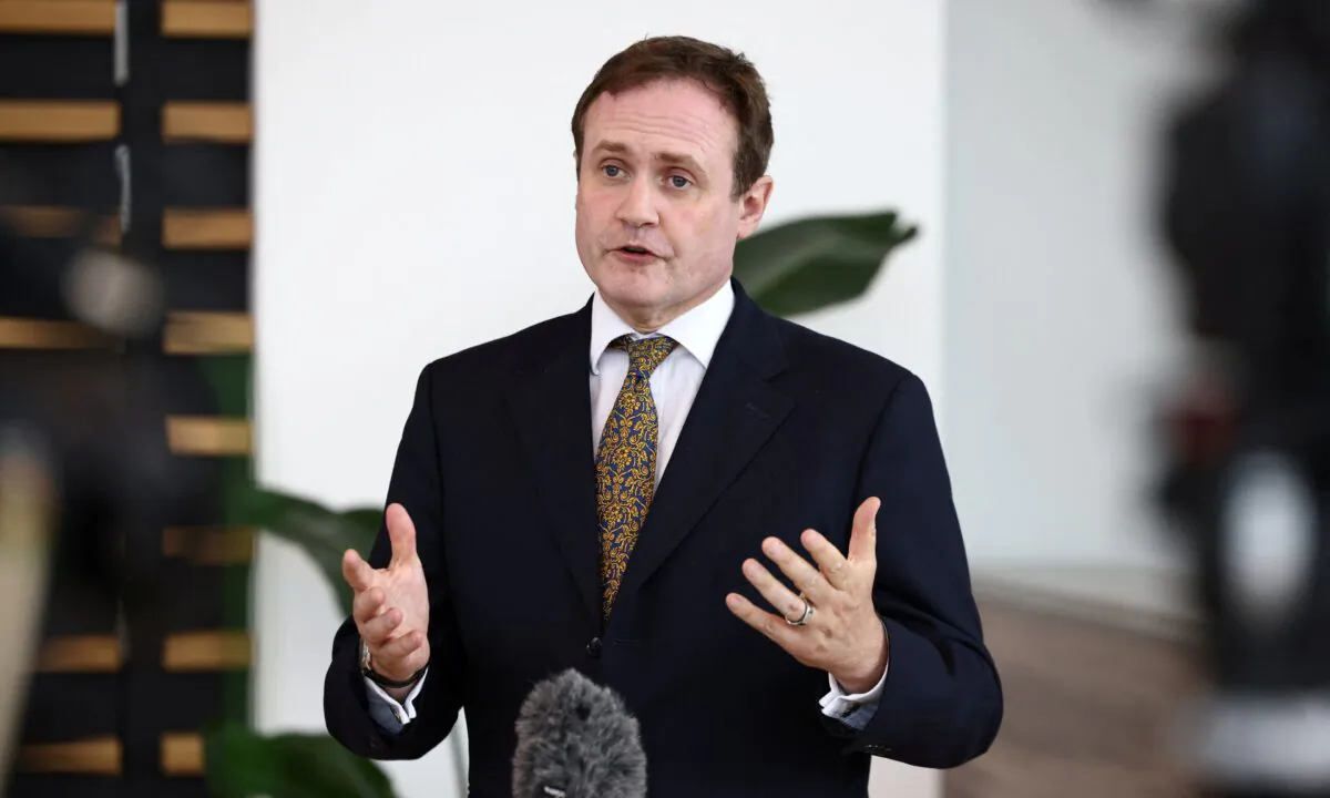 Conservative MP Tom Tugendhat speaking to the media at an event in Biggin Hill Airport in London on July 30, 2022. (Henry Nicholls/PA Media)