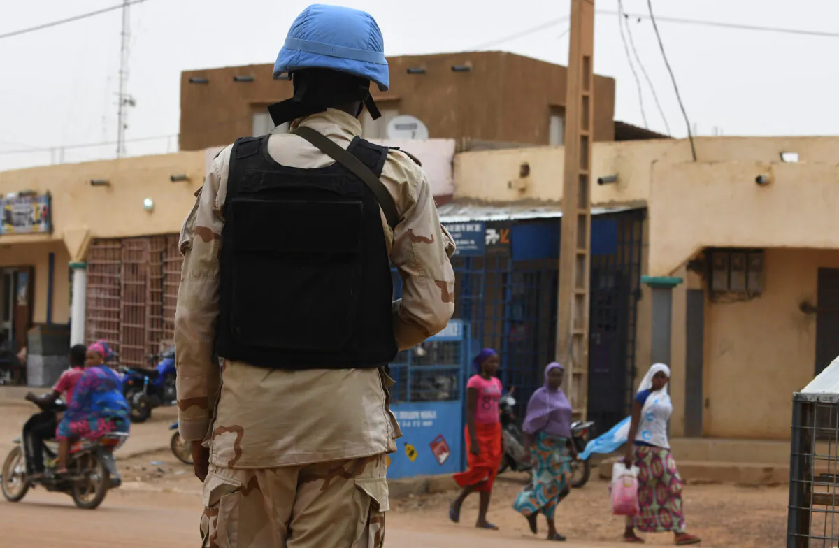 United Nations MUNISMA peacekeepers patrol the streets of Gao, eastern Mali, on Aug. 3, 2018. (Seyllou/AFP via Getty Images)