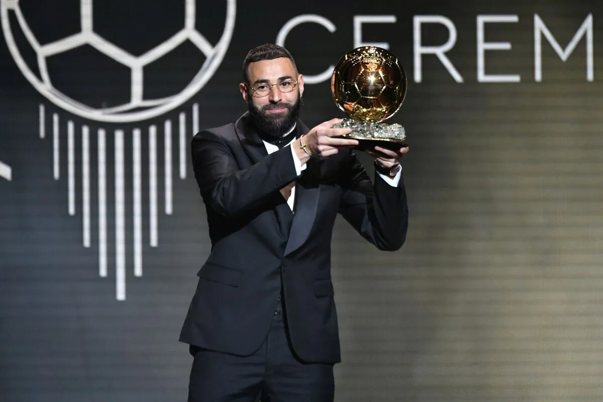 Karim Benzema receives the Ballon d'Or award during the Ballon D'Or ceremony at Theatre Du Chatelet In Paris in Paris, France, on Oct. 17, 2022. (Aurelien Meunier/Getty Images)