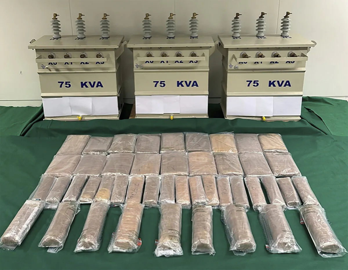 The suspected methamphetamine seized at Hong Kong International Airport and the electric transformers used to conceal the drugs, in Hong Kong on Oct. 18, 2022. (Hong Kong Government Information Services via AP)