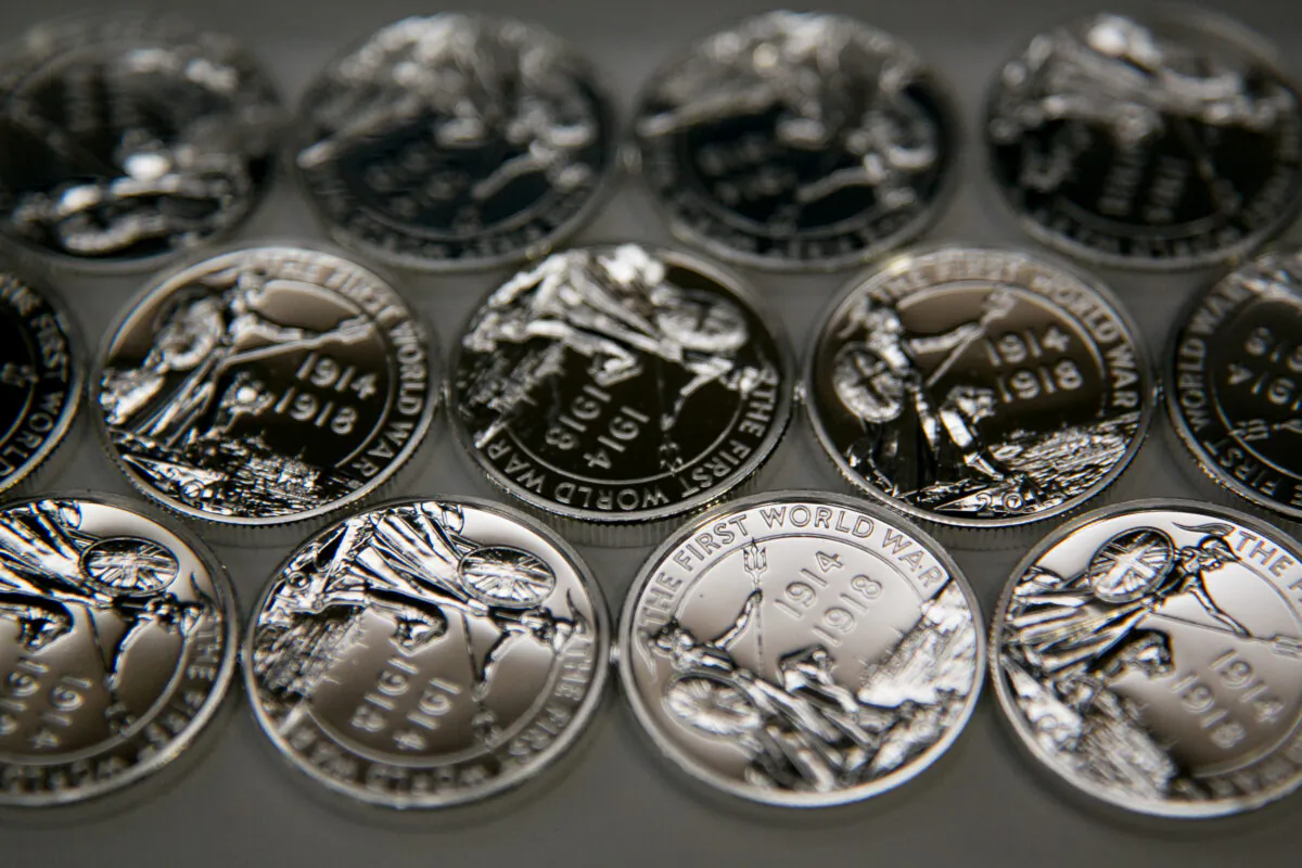 New £20 silver coins commemorating 100 years since the outbreak of the First World War, produced by the Royal Mint, are seen in Llantrisant, Wales, on Aug. 1, 2014. (Matt Cardy/Getty Images)