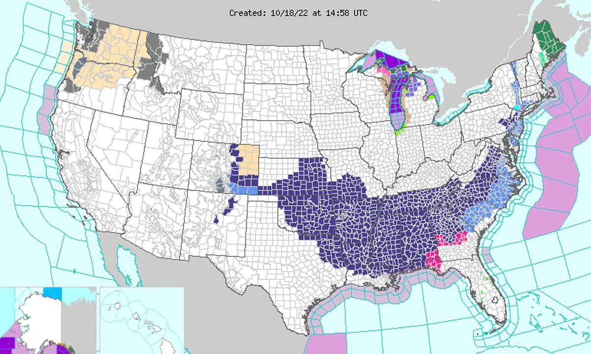 The National Weather Service's map of watches and warnings for Tuesday, Oct. 18, 2022. (Weather.gov)