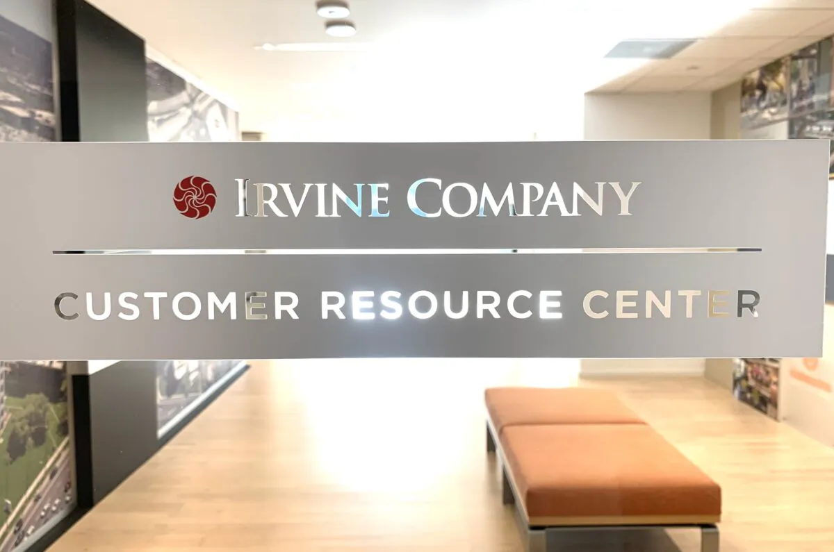 An Irvine Company sign inside the 5 Park Plaza at the Jamboree Center in Irvine, Calif., on Oct. 13, 2022. (John Fredricks/The Epoch Times)