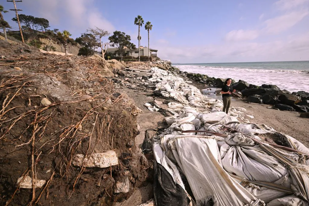The Capistrano Beach in Dana Point, Calif., also sees coastal erosion, with sandbags placed to stop the loss of beach sand on Oct. 12, 2022. (Robyn Beck/ AFP/AFP via Getty Images)