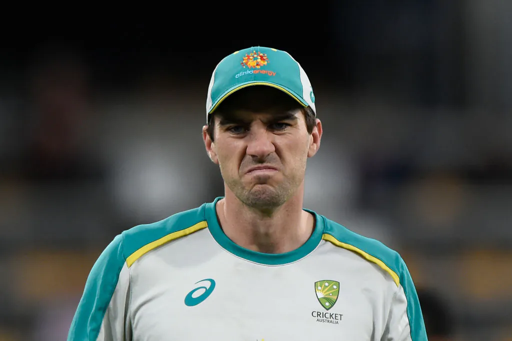  Pat Cummins of Australia during warm up prior to the start of game two of the T20 International Series between Australia and the West Indies at The Gabba on October 07, 2022 in Brisbane, Australia. (Matt Roberts/Getty Images)