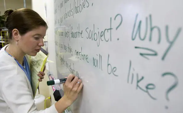 Teacher Jennifer Kirmes prepares for class inside her science classroom at Cesar Chavez Public Charter School in Washington. (Paul J. Richards/ AFP via Getty Images)