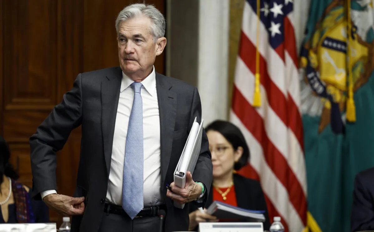 U.S. Federal Reserve Board Chairman Jerome Powell departs from a meeting with the Treasury Department's Financial Stability Oversight Council at the U.S. Treasury Department in Washington, D.C., on Oct. 3, 2022. (Anna Moneymaker/Getty Images)