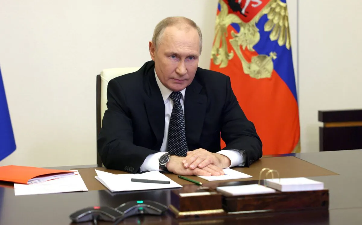 Russian President Vladimir Putin chairs a Security Council meeting via a video link at the Novo-Ogaryovo state residence outside Moscow on Oct. 19, 2022. (Sergei Ilyin/Sputnik/AFP via Getty Images)