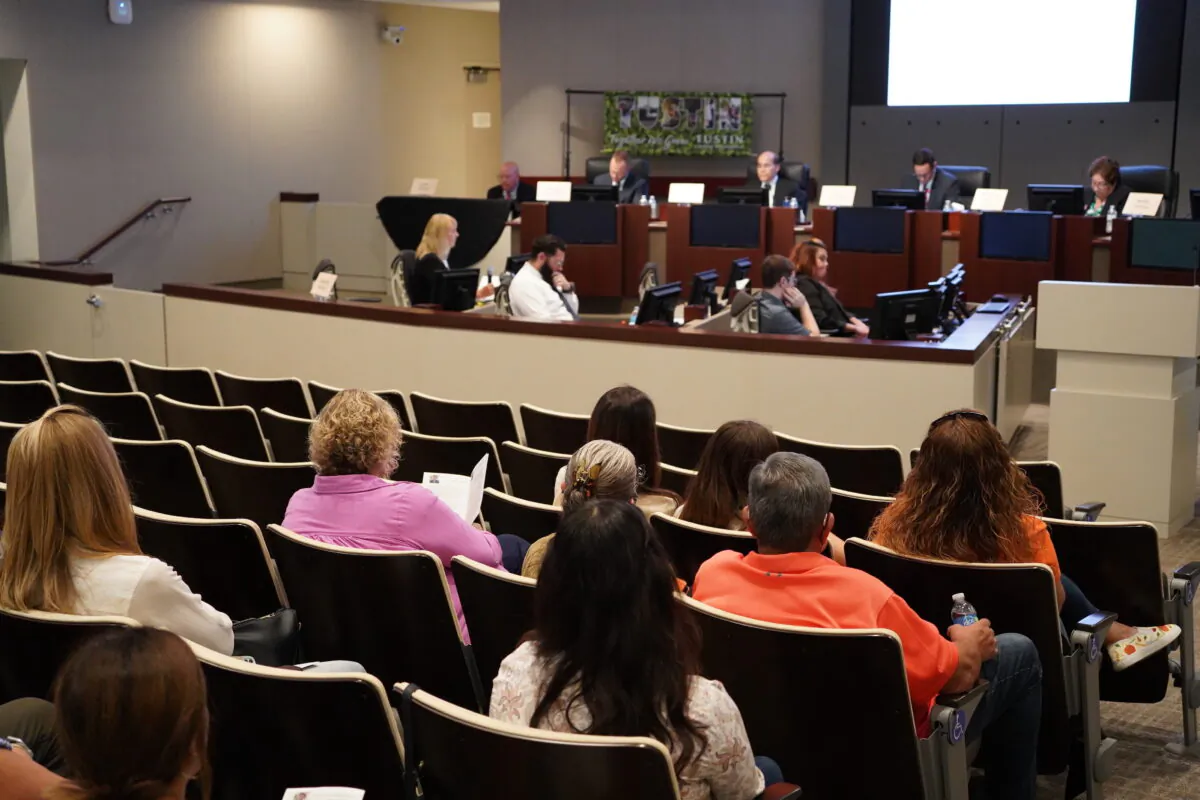 Tustin City Council and school board candidates attend a candidate forum in Tustin, Calif., on Oct. 17, 2022. (Rudy Blalock/The Epoch Times)