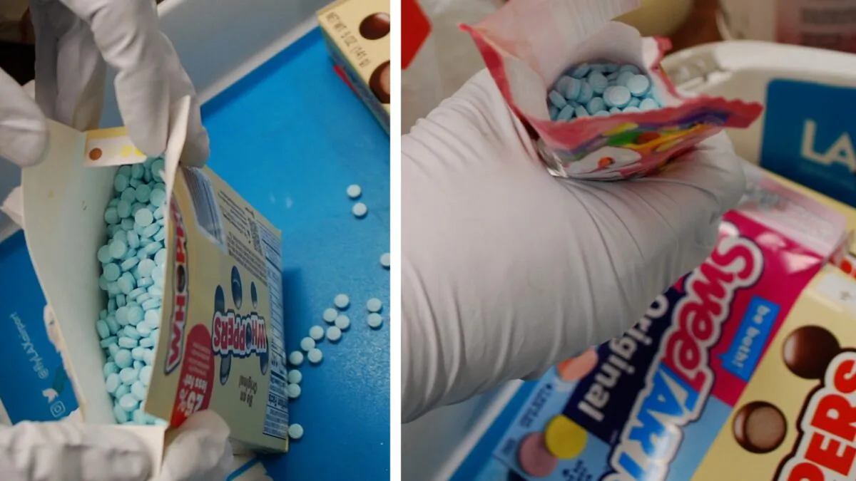 Narcotic detectives seized about 12,000 suspected fentanyl pills that were packaged in bags of candy at Los Angeles International Airport in California on Oct. 19, 2022. (Courtesy of Los Angeles County Sheriff’s Department)