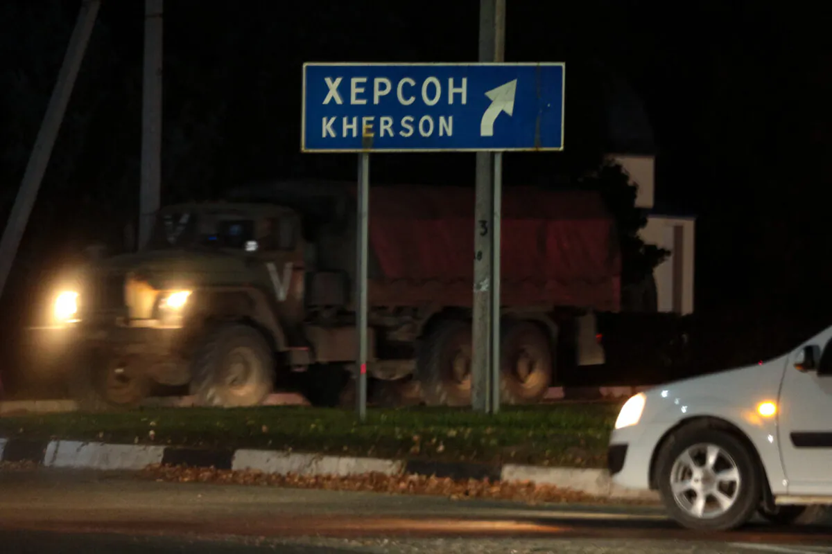 A road sign reading "Kherson" in the town of Armyansk in the north of the Moscow-annexed Crimean peninsula bordering the Russian-controlled Kherson region in southern Ukraine on Oct. 19, 2022. (Stringer/AFP via Getty Images)