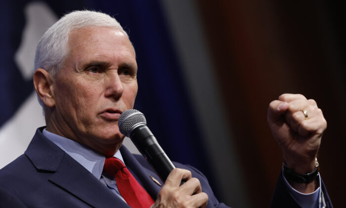 Former Vice President Mike Pence speaks during an event to promote his new book at the conservative Heritage Foundation think tank in Washington, on Oct. 19, 2022. (Chip Somodevilla/Getty Images)