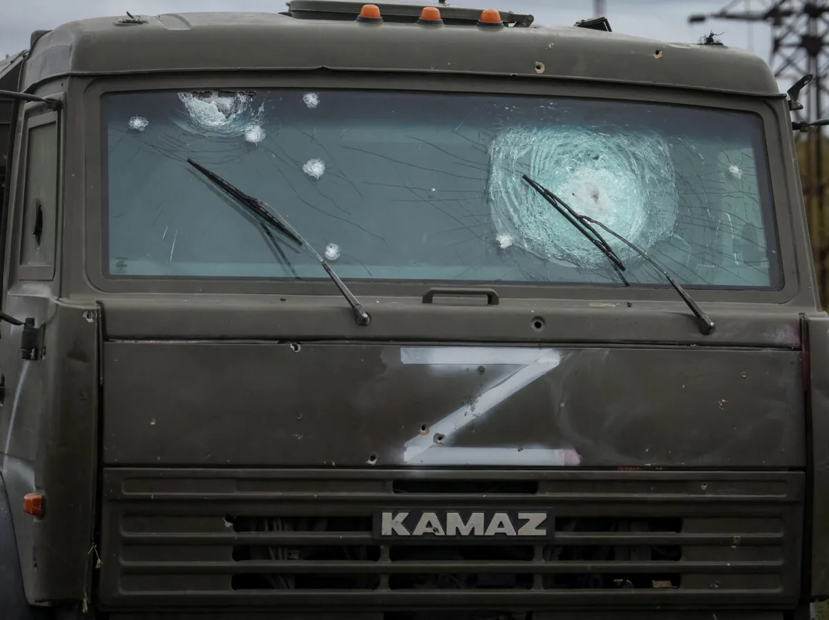 A destroyed Russian military vehicle marked with the 'Z' symbol in Kharkiv region, Ukraine, on Sept. 13, 2022. (Gleb Garanich/Reuters)