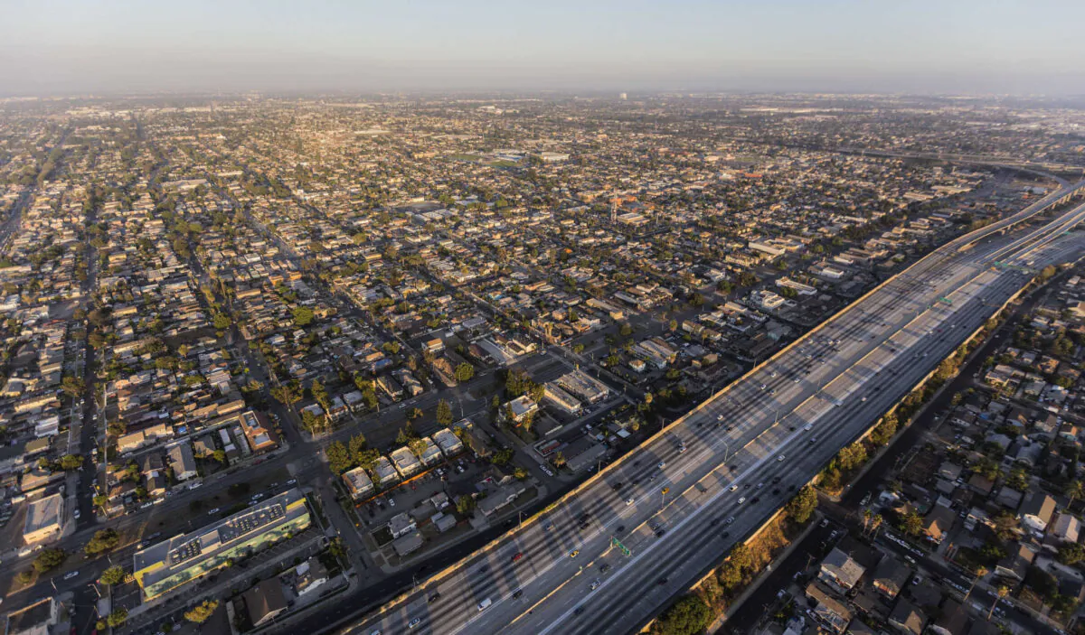 An aerial view of the Harbor 110 freeway in South Los Angeles, in a file photo. (trekandshoot/Shutterstock)