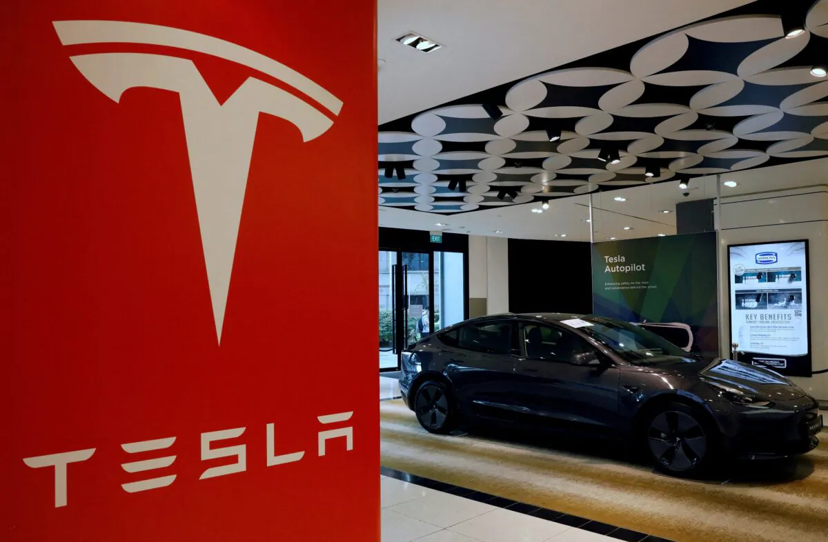 A Tesla model 3 car in their showroom in Singapore on Oct. 22, 2021. (Edgar Su/Reuters)