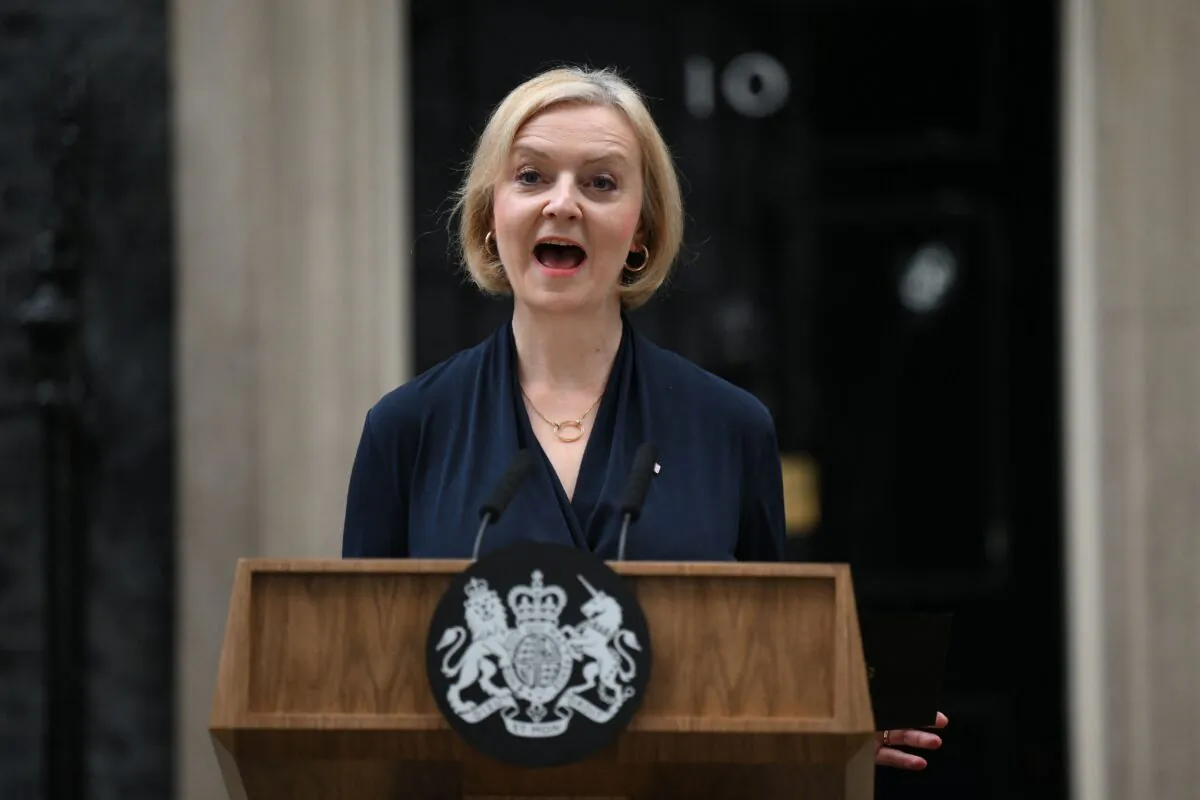 Britain's Prime Minister Liz Truss announces her resignation outside of 10 Downing Street on Oct. 20, 2022. (Daniel Leal/AFP via Getty Images)
