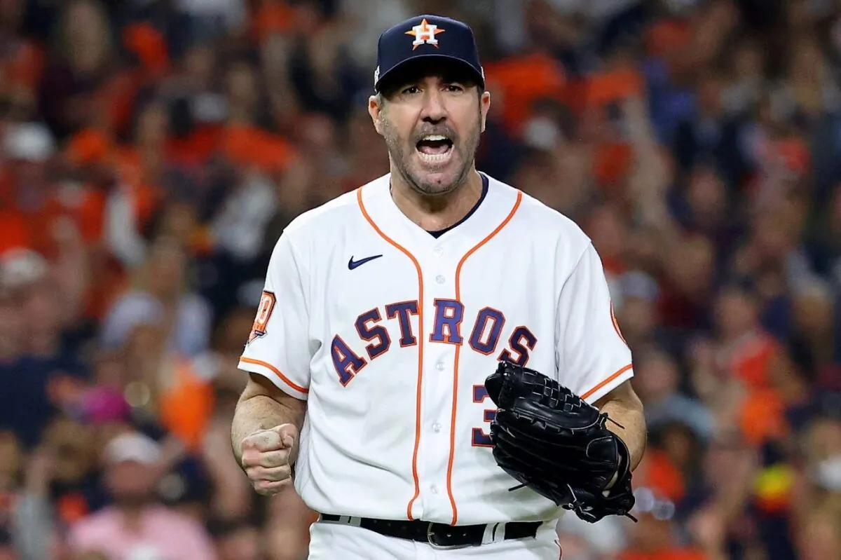 Houston Astros starting pitcher Justin Verlander (35) reacts after striking out Houston Astros second baseman Jose Altuve (not pictured) to end the sixth inning in game one of the ALCS for the 2022 MLB Playoffs at Minute Maid Park, in Houston, on Oct 19, 2022. (Troy Taormina/USA TODAY Sports via Field Level Media)