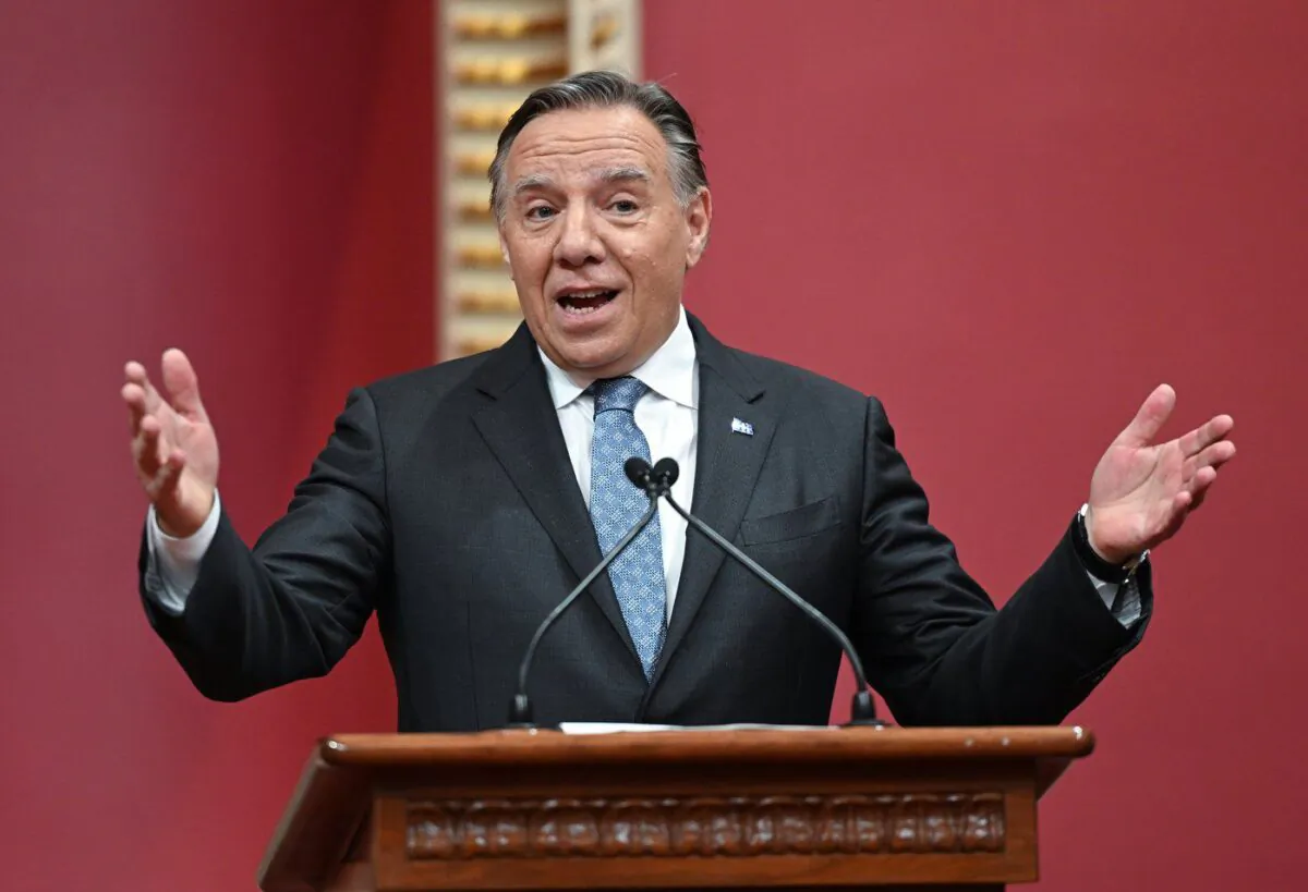 Quebec Premier François Legault speaks to guests after his government was sworn in, Oct. 18, 2022, during a ceremony at the legislature in Quebec City. (The Canadian Press/Jacques Boissinot)