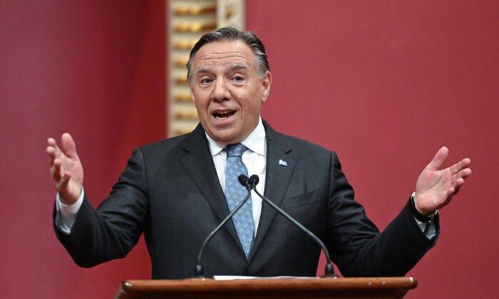 Quebec Premier François Legault addresses guests after the government is sworn in during a ceremony at the Quebec City Council on October 18, 2022.  (Canadian Press/Jack Boacino)