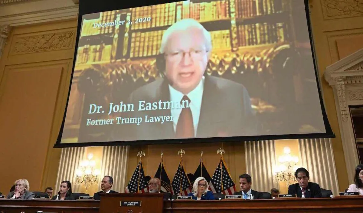 Former lawyer of former President Donald Trump, John Eastman, appears on screen during a hearing by the House January 6th Committee, in the Cannon House Office Building in Washington, on June 21, 2022. (Mandel Ngan/AFP via Getty Images)