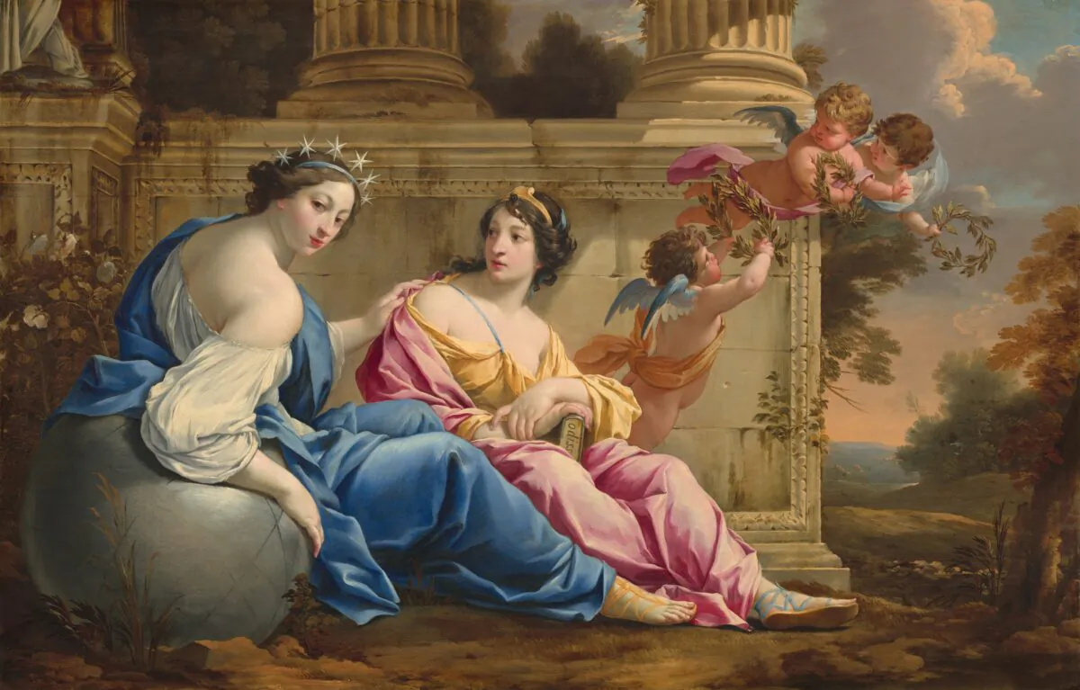 “The Muses Urania and Calliope,” crica 1634, by Simon Vouet. Oil on Wood, 31 7/16 inches by 49 3/16 inches. National Gallery of Art, Washington D.C. (Public Domain)