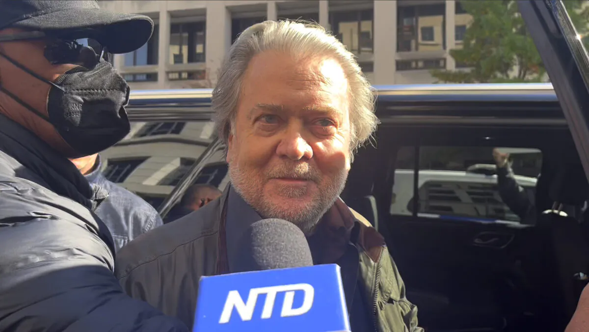 Former Trump White House senior adviser Steve Bannon speaks to media after being sentenced at federal court in Washington on Oct. 21, 2022, in a still from video released by NTD. (Iris Tao/NTD)