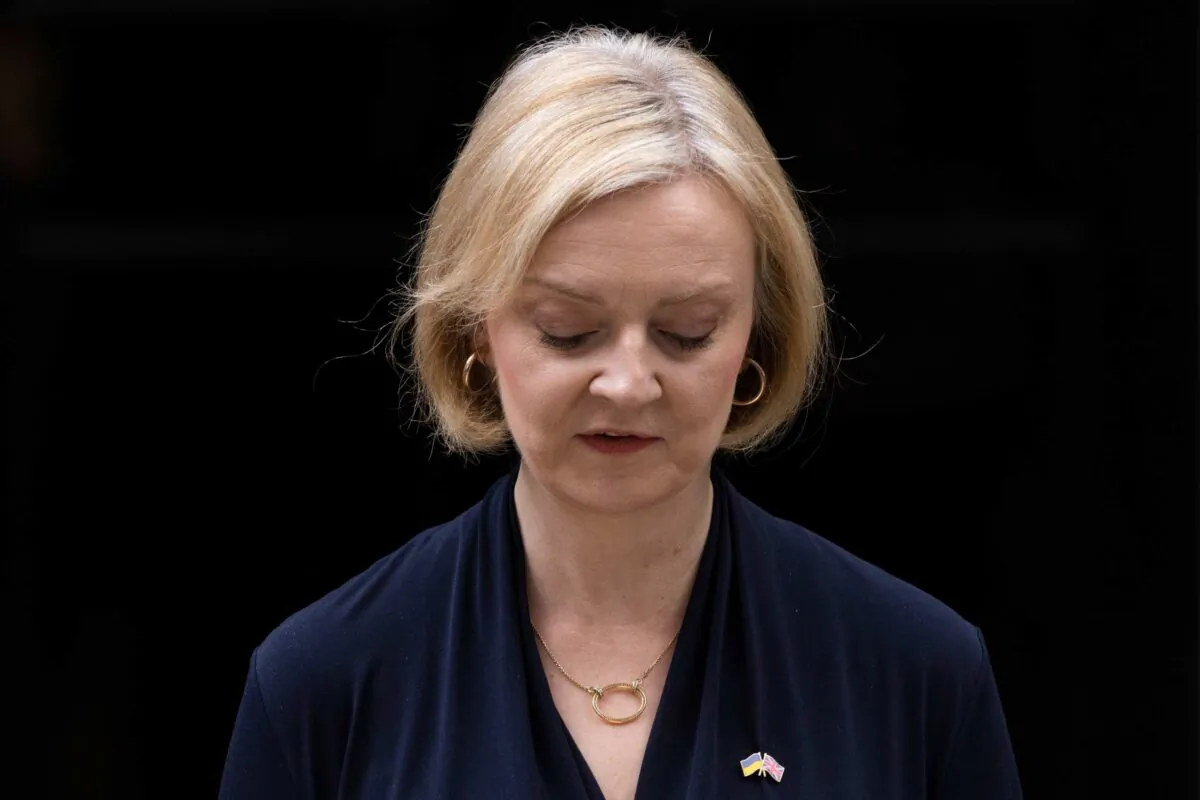 Liz Truss speaks in Downing Street, as she resigns as prime minister of the United Kingdom, in London on Oct. 20, 2022. (Dan Kitwood/Getty Images)