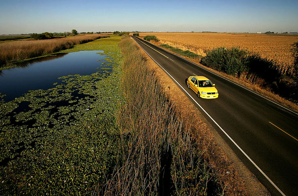 Water is held back from a lower-elevation farm (R) by a section of Highway 4 that serves as a levee road in the Sacramento-San Joaquin River Delta west of Stockton, Calif., on Sept. 28, 2005. (David McNew/Getty Images)
