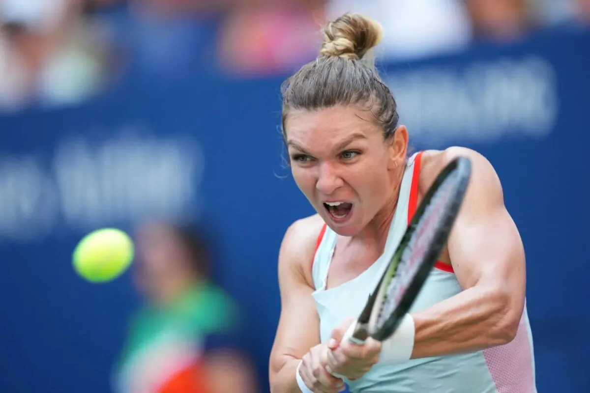 Simona Halep of Romania hits to Daria Snigur of Ukraine on day one of the 2022 U.S. Open tennis tournament at USTA Billie Jean King National Tennis Center in Flushing, New York, on Aug. 29, 2022. (Danielle Parhizkaran/USA TODAY Sports via Field Level Media)